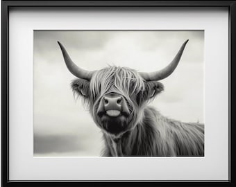 Impressão de foto em preto e branco de vaca das Terras Altas fofa, vaca escocesa engraçada, pôster de presente de amante de bovinos, decoração de animais, arte de parede de fazenda, download digital