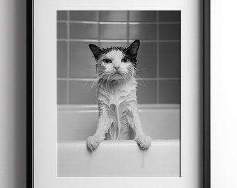 Wet Cat in Bath Photo, Black & White Bathroom Print, Cat Lover Poster Gift, Funny Artwork, Pet Decor, Cute Animal Wall Art, Digital Download