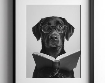 Labrador Reading Book Poster, Black & White Print, Dog Lover Photo Gift, Funny Artwork, Pet Decor, Cute Animal Wall Art, Digital Download