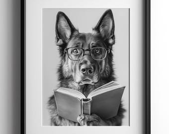 German Shepherd Reading Book Poster, Black & White Print, Dog Lover Gift, Funny Artwork, Pet Decor, Cute Animal Wall Art, Digital Download