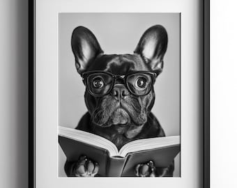 French Bulldog Reading Book Wall Art, Black & White Print, Dog Lover Gift, Funny Photo, Pet Decor, Cute Animal Poster, Digital Download