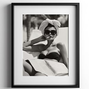 Glamorous Girl on Pool Chair Poster, Model Wall Art, Black & White Photo, Retro Woman Print, Chic Decor, Vintage Magazine Digital Download