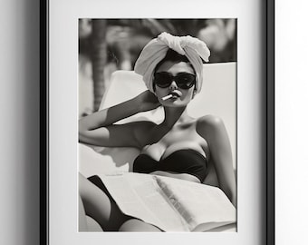 Glamorous Girl on Pool Chair Poster, Model Wall Art, Black & White Photo, Retro Woman Print, Chic Decor, Vintage Magazine Digital Download