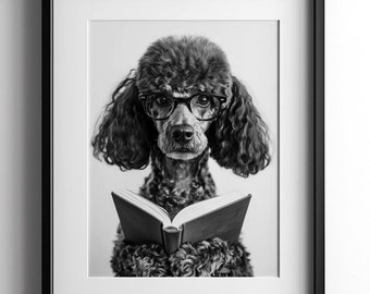 Poodle Reading Book Photo, Black & White Print, Dog Lover Poster Gift, Funny Artwork, Pet Decor, Cute Animal Wall Art, Digital Download