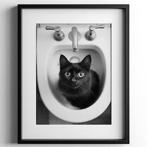Cute Cat in Sink Black & White Photo, Bathroom Print, Cat Lover Poster Gift, Feline Pet Decor, Funny Animal Wall Art, Digital Download