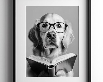 Golden Retriever Reading Book Print, Black & White Wall Art, Dog Lover Gift, Funny Poster, Pet Decor, Cute Animal Photo, Digital Download