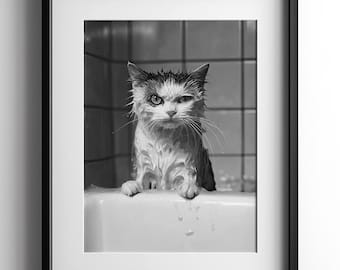 Funny Cat in Bath Black & White Photo, Bathroom Print, Cat Lover Poster Gift, Feline Pet Decor, Cute Animal Wall Art, Digital Download