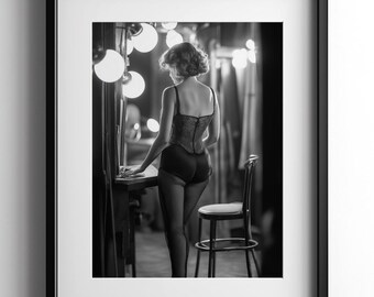 Burlesque Girl Wall Art, Bar Cart Print, Black & White Poster, Glamorous Fashion Vintage Decor, Nostalgic Photograph, Digital Download