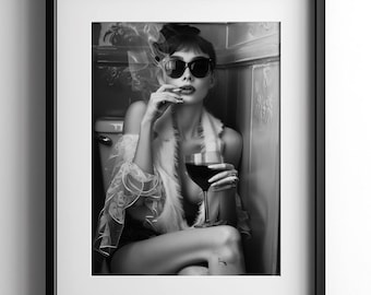 Glamorous Woman Smoking in Bathroom, Bar Cart Wall Art, Black & White Photo, Retro Party Girl Print, Alcohol Art, Vintage Cocktail Decor