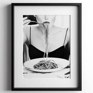 Woman Eating Pasta, Spaghetti Black & White Photo, Vintage Wall Art, Abstract Fine Art Decor, Kitchen Print, Food Poster, Digital Download