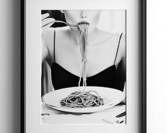 Woman Eating Pasta, Spaghetti Black & White Photo, Vintage Wall Art, Abstract Fine Art Decor, Kitchen Print, Food Poster, Digital Download