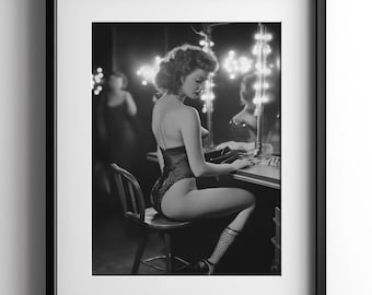 Burlesque Girl Black & White Photograph, Bar Cart Poster Print, Glamorous Fashion Vintage Decor, Nostalgic Wall Art, Digital Download