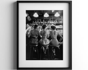 Women Drinking Cocktails Wall Art, Bar Cart Print, Black and White Poster, Three Friends Vintage Decor, Alcohol Photograph, Digital Download