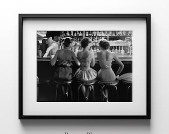 Ladies Having Cocktails Print, Bar Cart Wall Art, Black & White Poster, Three Friends Vintage Decor, Alcohol Photograph, Digital Download