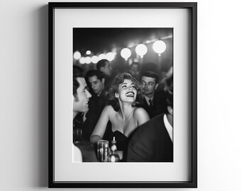 Woman Laughing in Bar Poster, Bar Cart Wall Art, Black & White Photo, Retro Girl Print, Alcohol Art, Vintage Cocktail Decor Digital Download