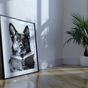 black and white photo of a german shepherd wearing glasses reading a book