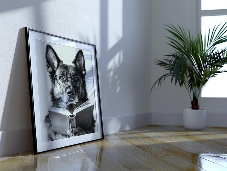black and white photo of a german shepherd wearing glasses reading a book