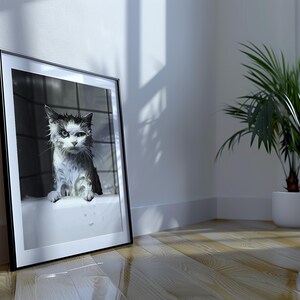 A black and white photo of an angry-looking wet cat climbing out of a bath
