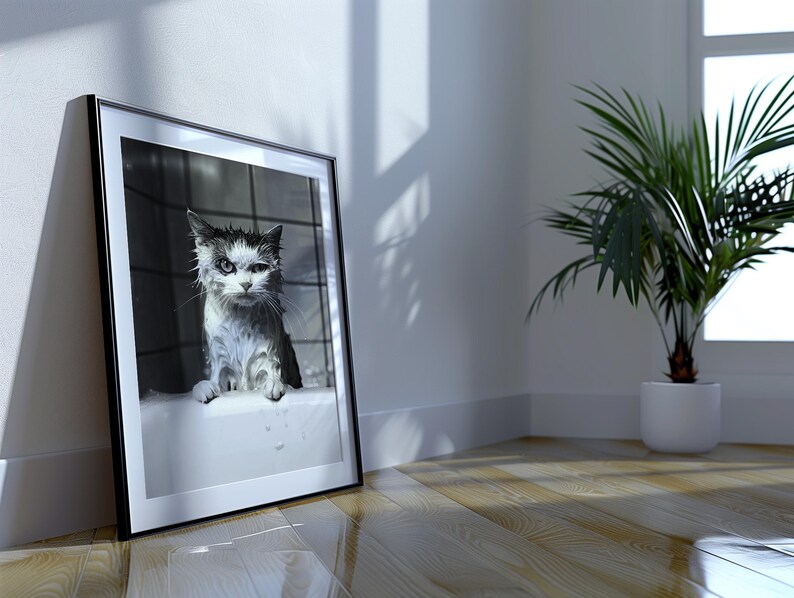 A black and white photo of an angry-looking wet cat climbing out of a bath