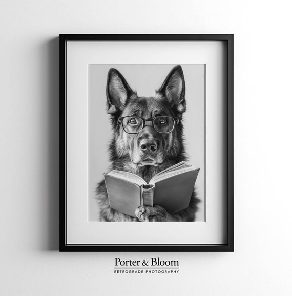 German Shepherd Reading Book Poster, Black & White Print, Dog Lover Gift, Funny Artwork, Pet Decor, Cute Animal Wall Art, Digital Download