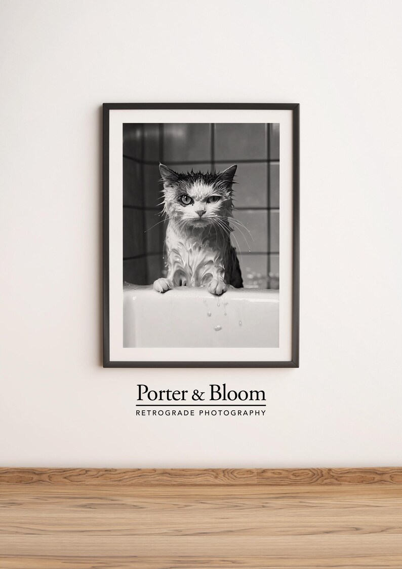 A black and white photo of an angry-looking wet cat climbing out of a bath