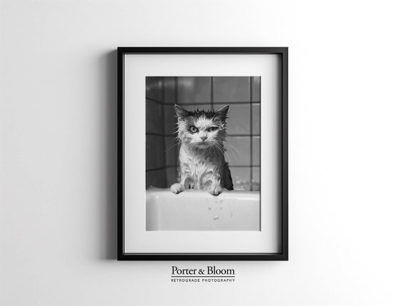 Funny Cat in Bath Black & White Photo, Bathroom Print, Cat Lover Poster Gift, Feline Pet Decor, Cute Animal Wall Art, Digital Download