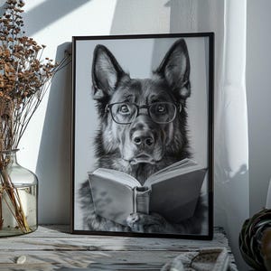 black and white photo of a german shepherd wearing glasses reading a book