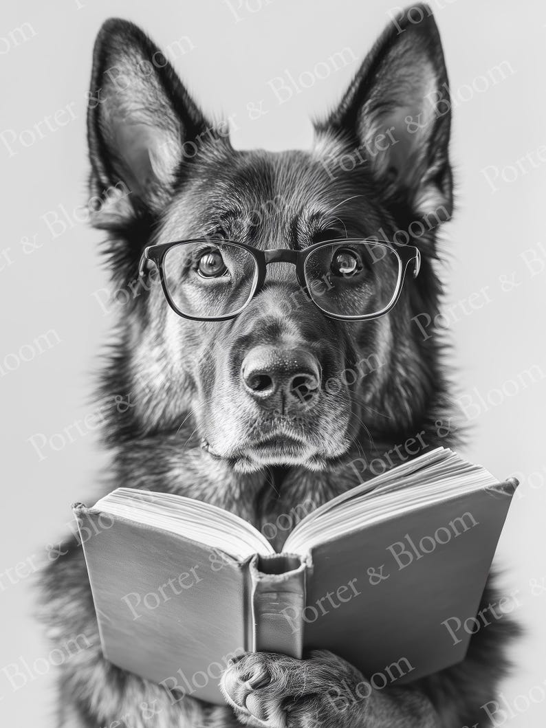 black and white photo of a german shepherd wearing glasses reading a book