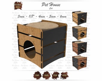 Archivo SVG de caseta para gatos moderna cortada con láser – Diseño de palets cuadrados, techo de terraza – Descarga digital