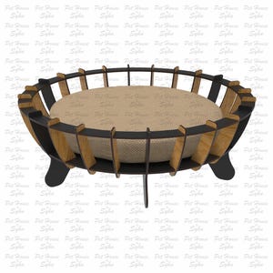 K&ouml;nnte beinhalten: Ein Holzbett f&uuml;r Haustiere mit einem schwarzen Metallrahmen und einem beigefarbenen Kissen. Das Bett ist f&uuml;r den Zusammenbau mit einem Laserschneider konzipiert.