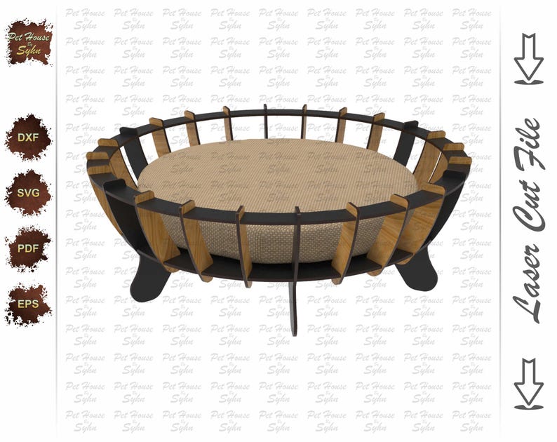 K&ouml;nnte beinhalten: Ein Holzbett f&uuml;r Haustiere mit einem schwarzen Metallrahmen und einem beigefarbenen Kissen. Das Bett ist f&uuml;r den Zusammenbau mit einem Laserschneider konzipiert.