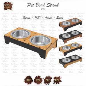 Könnte beinhalten: Hölzerner Futternapfständer mit zwei Edelstahlnäpfen. Der Ständer ist in verschiedenen Holzoberflächen und Größen erhältlich. Der Text auf dem Bild lautet "Pet Bowl Stand Dog".