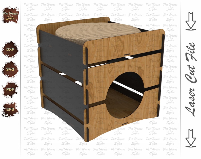 Puede incluir: Una casa para gatos de madera con una entrada redonda y una parte superior acolchada. La estructura es de madera marr&oacute;n claro con detalles en gris oscuro. El texto "Laser Cut File" es visible en el lado derecho.