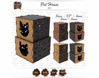 Archivo de corte láser para casita de gatos de dos pisos: puerta con forma de cabeza de gato y patrón de espina de pescado.