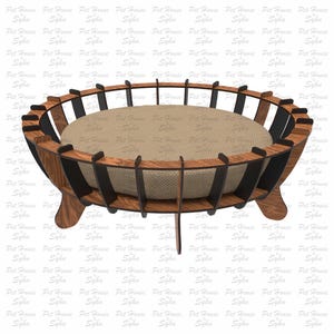 K&ouml;nnte beinhalten: Ein Holzbett f&uuml;r Haustiere mit einem schwarz-braunen Streifenmuster. Das Bett hat eine runde Matratze und vier Beine.
