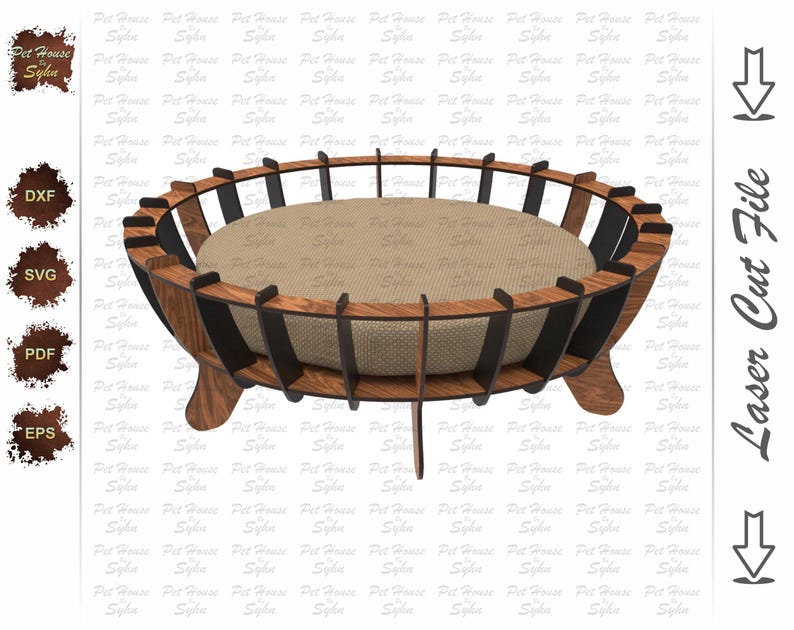 K&ouml;nnte beinhalten: Ein Holzbett f&uuml;r Haustiere mit einem schwarz-braunen Streifenmuster. Das Bett hat eine runde Matratze und vier Beine.