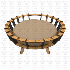 K&ouml;nnte beinhalten: Ein Holzbett f&uuml;r Haustiere mit einem runden, geflochtenen Kissen. Das Bett hat einen schwarzen Rahmen und drei Beine.