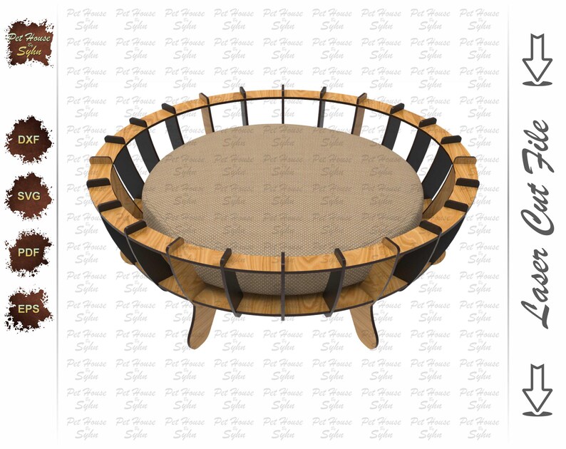 K&ouml;nnte beinhalten: Ein Holzbett f&uuml;r Haustiere mit einem runden, geflochtenen Kissen. Das Bett hat einen schwarzen Rahmen und drei Beine.