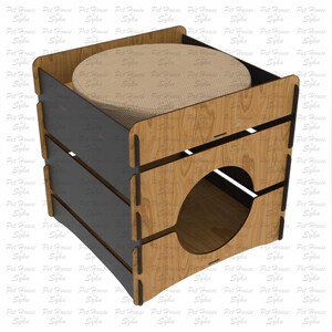 Puede incluir: Una casa para gatos de madera con una abertura redonda y un coj&iacute;n beige en el interior. La estructura es de madera marr&oacute;n claro con detalles en gris oscuro. El texto "Laser Cut File" est&aacute; en el lado derecho.