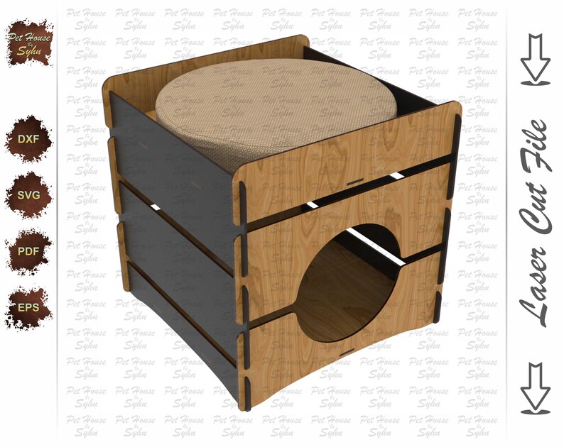 Puede incluir: Una casa para gatos de madera con una abertura redonda y un coj&iacute;n beige en el interior. La estructura es de madera marr&oacute;n claro con detalles en gris oscuro. El texto "Laser Cut File" est&aacute; en el lado derecho.