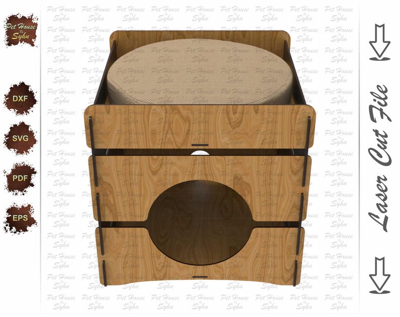 Puede incluir: Casa para mascotas de madera con entrada redonda y parte superior acolchada. La casa es de madera marr&oacute;n claro con un dise&ntilde;o en capas. El texto "Laser Cut File" es visible.
