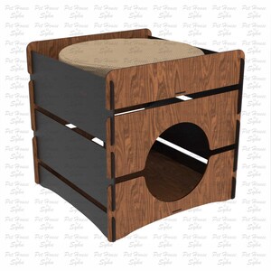 Puede incluir: Una casa para mascotas de madera con exterior marr&oacute;n oscuro y entrada circular. El dise&ntilde;o incluye una parte superior acolchada para que la mascota descanse. La estructura es de madera en capas.