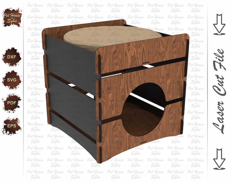 Puede incluir: Una casa para mascotas de madera con exterior marr&oacute;n oscuro y entrada circular. El dise&ntilde;o incluye una parte superior acolchada para que la mascota descanse. La estructura es de madera en capas.