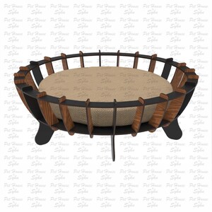 K&ouml;nnte beinhalten: Ein schwarzes und braunes Holzbett f&uuml;r Haustiere mit einem runden Kissen. Das Bett ist so konzipiert, dass es mit einem Laserschneider zusammengebaut werden kann.