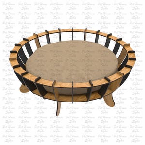 K&ouml;nnte beinhalten: Ein Holzbett f&uuml;r Haustiere mit einem schwarzen Rahmen und einem beigefarbenen Kissen. Das Bett ist so konzipiert, dass es wie ein Korb mit einer abgerundeten Form und vier Beinen aussieht.