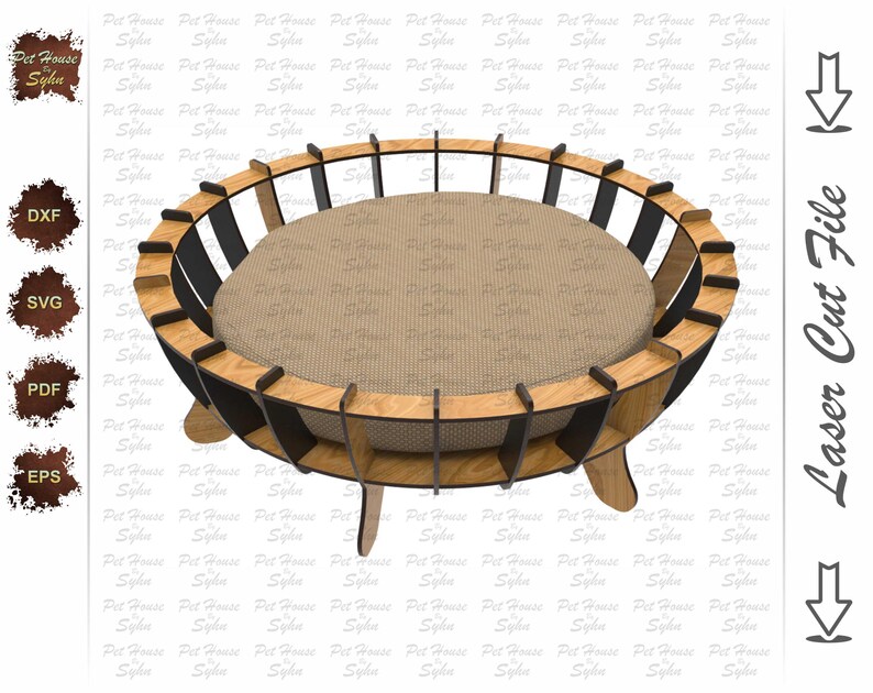 K&ouml;nnte beinhalten: Ein Holzbett f&uuml;r Haustiere mit einem schwarzen Rahmen und einem beigefarbenen Kissen. Das Bett ist so konzipiert, dass es wie ein Korb mit einer abgerundeten Form und vier Beinen aussieht.