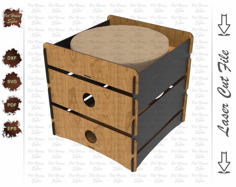 Puede incluir: Una casa para mascotas de madera con exterior marr&oacute;n claro y detalles en gris oscuro. El dise&ntilde;o presenta una cama redonda y acolchada en el interior. La estructura tiene dos aberturas circulares y est&aacute; etiquetada como "Laser Cut File".