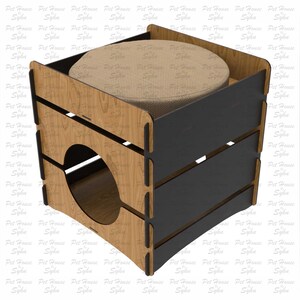 Puede incluir: Una casa para mascotas de madera con una abertura redonda y una parte superior acolchada. La estructura es de madera marr&oacute;n claro con detalles en negro. La casa para mascotas tiene un dise&ntilde;o moderno y geom&eacute;trico, adecuado para mascotas peque&ntilde;as.