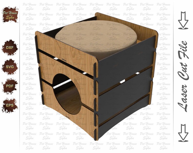 Puede incluir: Una casa para mascotas de madera con una abertura redonda y una parte superior acolchada. La estructura es de madera marr&oacute;n claro con detalles en negro. La casa para mascotas tiene un dise&ntilde;o moderno y geom&eacute;trico, adecuado para mascotas peque&ntilde;as.