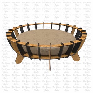 K&ouml;nnte beinhalten: Ein Holzbett f&uuml;r Haustiere mit einem schwarzen und braunen Design. Das Bett hat eine runde Matratze und drei Beine.